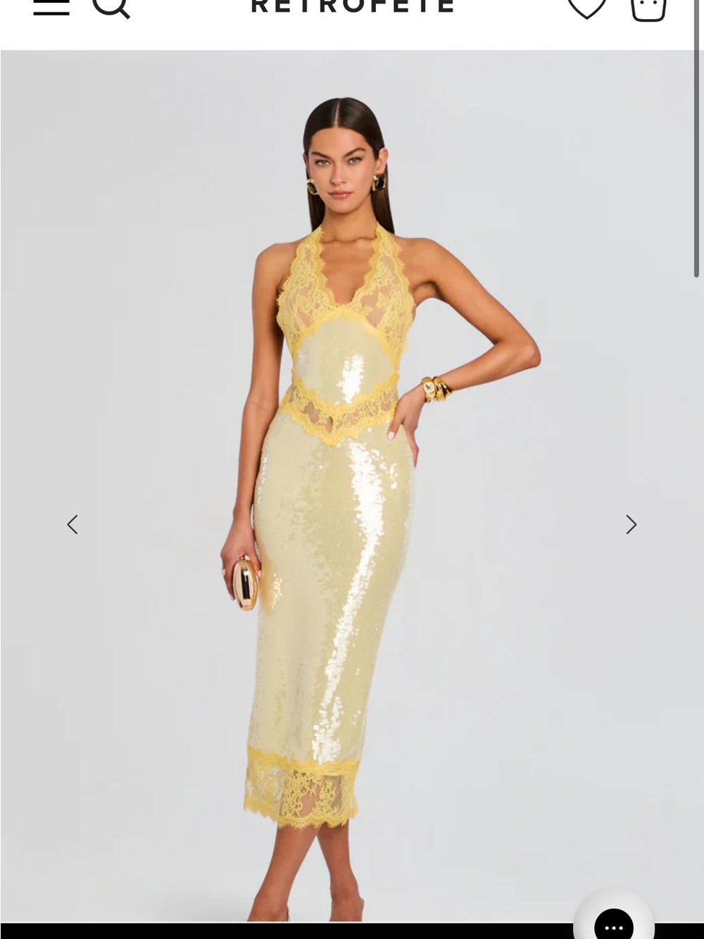 RETROFETE Vicki Sequin Lace Dress. Yellow Lace-Trim Sequin Halter Midi Dress